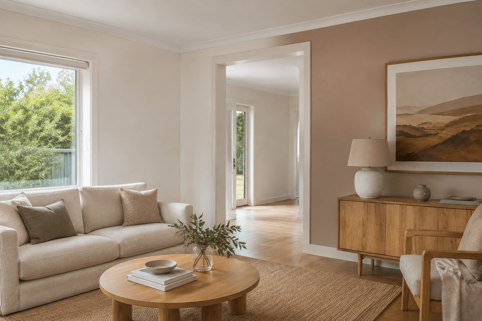 contemporary family living room with warm neutral walls and terracotta accents